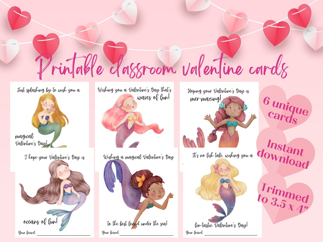 Mermaid Valentine's Day Cards: Printable Classroom Valentines (PDF) - Etsy