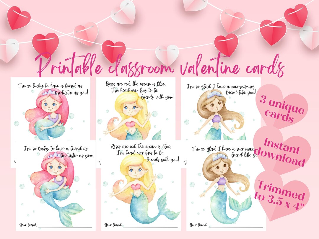 Mermaid Valentine Cards: Printable Classroom Valentines (PDF) - Etsy