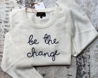 100% Cashmere Sweater, Custom Hand Embroidered Words or Name, Cursive Chain Stitch, Women's Crewneck