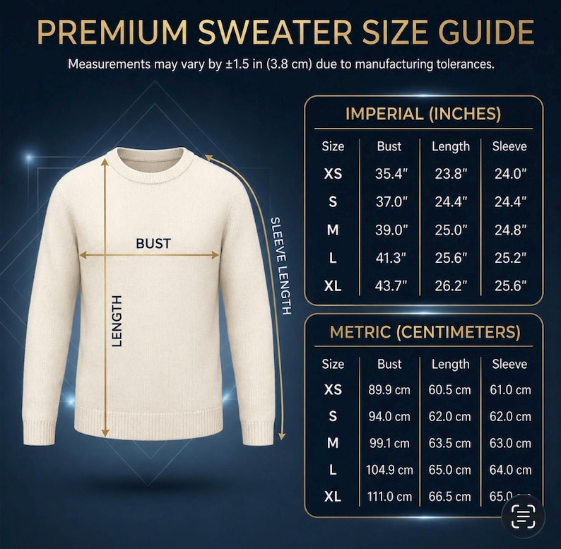 K&ouml;nnte beinhalten: Ein beigefarbener Pullover mit langen &Auml;rmeln, dargestellt mit einer Gr&ouml;&szlig;entabelle. Die Tabelle listet Brust-, L&auml;ngen- und &Auml;rmelma&szlig;e in Zentimetern f&uuml;r die Gr&ouml;&szlig;en XS bis XL auf, mit einer Fertigungstoleranz von 3,8 cm.