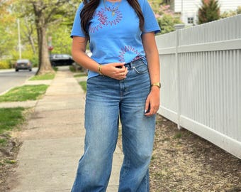 Sky Blue Embroidered T-Shirt, Sun Burst Design