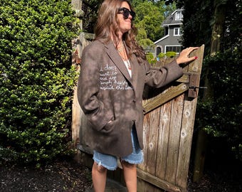 Embroidered Vintage Wool Sport Coat: Mary Oliver Poem, Upcycled Blazer (43R)