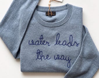 100% Mongolian Cashmere Sweater, Custom Embroidered, Large Cursive Chain Stitch, Lingua Franca Style, Personalized Hand Embroidered Sweater