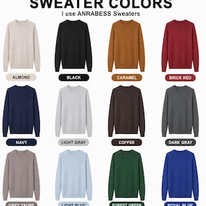 K&ouml;nnte beinhalten: Eine Farbkarte mit der &Uuml;berschrift SWEATER COLORS I use ANRABESS Sweaters zeigt zw&ouml;lf lang&auml;rmelige Rundhalspullover in den Farben Mandel, Schwarz, Karamell, Ziegelrot, Marineblau, Hellgrau, Kaffee, Dunkelgrau, Grautaupe, Hellblau, Waldgr&uuml;n und K&ouml;nigsblau.
