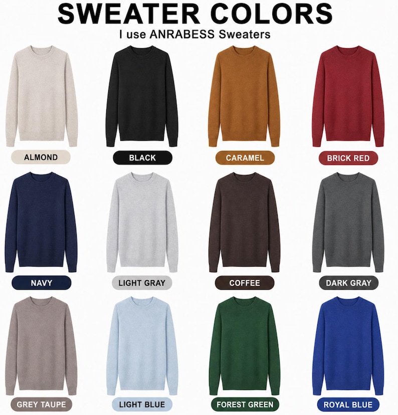K&ouml;nnte beinhalten: Eine Farbkarte mit der &Uuml;berschrift SWEATER COLORS I use ANRABESS Sweaters zeigt zw&ouml;lf lang&auml;rmelige Rundhalspullover in den Farben Mandel, Schwarz, Karamell, Ziegelrot, Marineblau, Hellgrau, Kaffee, Dunkelgrau, Grautaupe, Hellblau, Waldgr&uuml;n und K&ouml;nigsblau.
