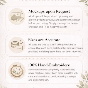 May include: An informational graphic titled Relevant Tipis with floral borders. It lists three sections: Mockups upon Request with a mountain icon, Sizes are Accurate with a tape measure icon, and 100% Hand-Embroidery with an embroidery hoop icon.