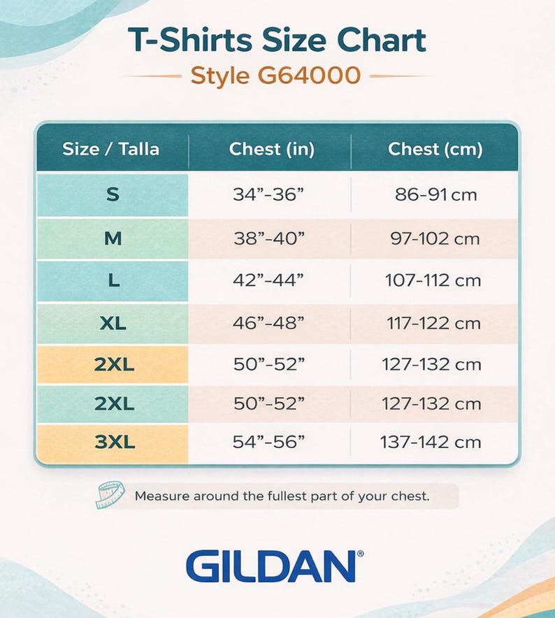May include: A T-Shirts Size Chart for Style G64000 by Gildan. The chart lists sizes S through 3XL with corresponding chest measurements in inches ranging from 34 to 56 inches. It includes a note to measure around the fullest part of your chest.