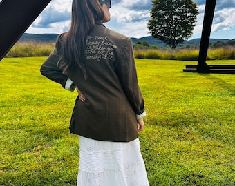 Vintage Houndstooth Wool Blazer with Chain-Stitch Poetry