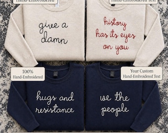 Custom Embroidered Wool Crewneck Sweater, Large Cursive Chain Stitch Text, Lingua Franca Style, Personalized Hand Embroidered Sweater