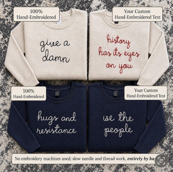 Custom Embroidered Wool Crewneck Sweater, Large Cursive Chain Stitch Text, Lingua Franca Style, Personalized Hand Embroidered Sweater