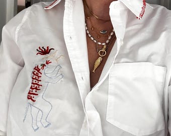 Hand Embroidered Oxford Shirt: Tiger & Floral Design
