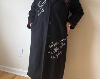 Vintage Embroidered Wool Trench Coat with Lauryn Hill Lyrics