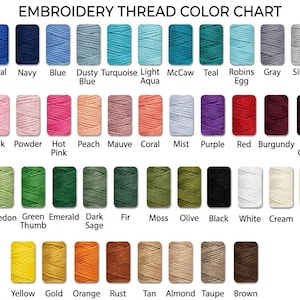 May include: An embroidery thread color chart featuring rows of rectangular thread spools in various shades including blue, pink, green, yellow, and brown. Each spool is labeled with its corresponding color name, such as Baby Blue, Royal, Navy, Pink, Lime, and Gold.
