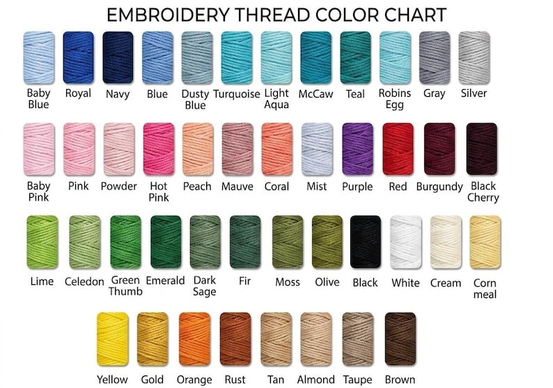 May include: An embroidery thread color chart featuring rows of rectangular thread spools in various shades including blue, pink, green, yellow, and brown. Each spool is labeled with its corresponding color name, such as Baby Blue, Royal, Navy, Pink, Lime, and Gold.