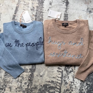 100% Mongolian Cashmere Sweater, Custom Embroidered, Large Cursive Chain Stitch, Lingua Franca Style, Personalized Hand Embroidered Sweater
