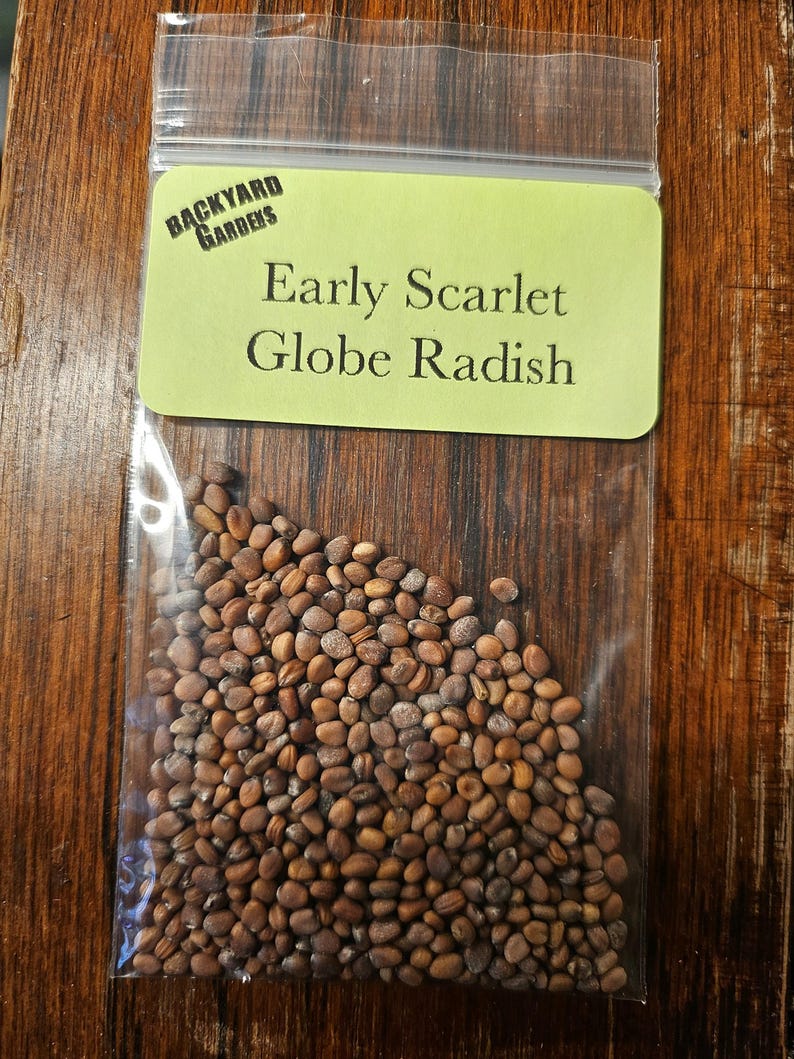 May include: A small clear plastic bag filled with brown radish seeds. The bag has a yellow label that reads "Backyard Gardens" and "Early Scarlet Globe Radish".