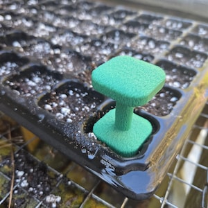 May include: A close-up of a black plastic seed starting tray with soil and a bright green, mushroom-shaped plant marker. The marker has a square top and base connected by a stem. The tray is on a metal grid.