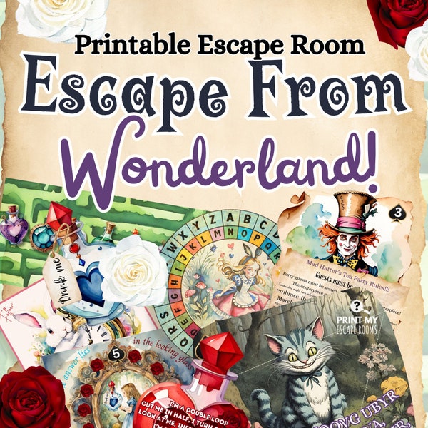 Escape from Wonderland, kit de salle d'évasion imprimable DIY, Escape Game à téléchargement immédiat, jeux de fête d'anniversaire d'Alice, kit de salle d'évasion au pays des merveilles