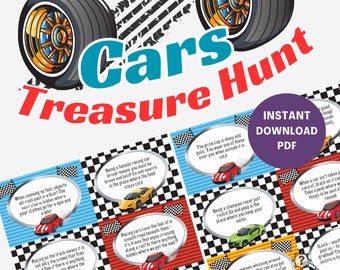 May include: A printable treasure hunt game with a car theme. The game includes clues with images of cars and racing flags. The game is designed for kids and features a checkered flag pattern.