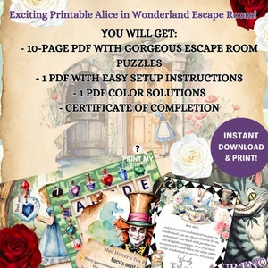 May include: Printable Alice in Wonderland escape room game with 10 pages of puzzles, setup instructions, color solutions, and a certificate of completion. The image shows a whimsical illustration of Alice in Wonderland characters.