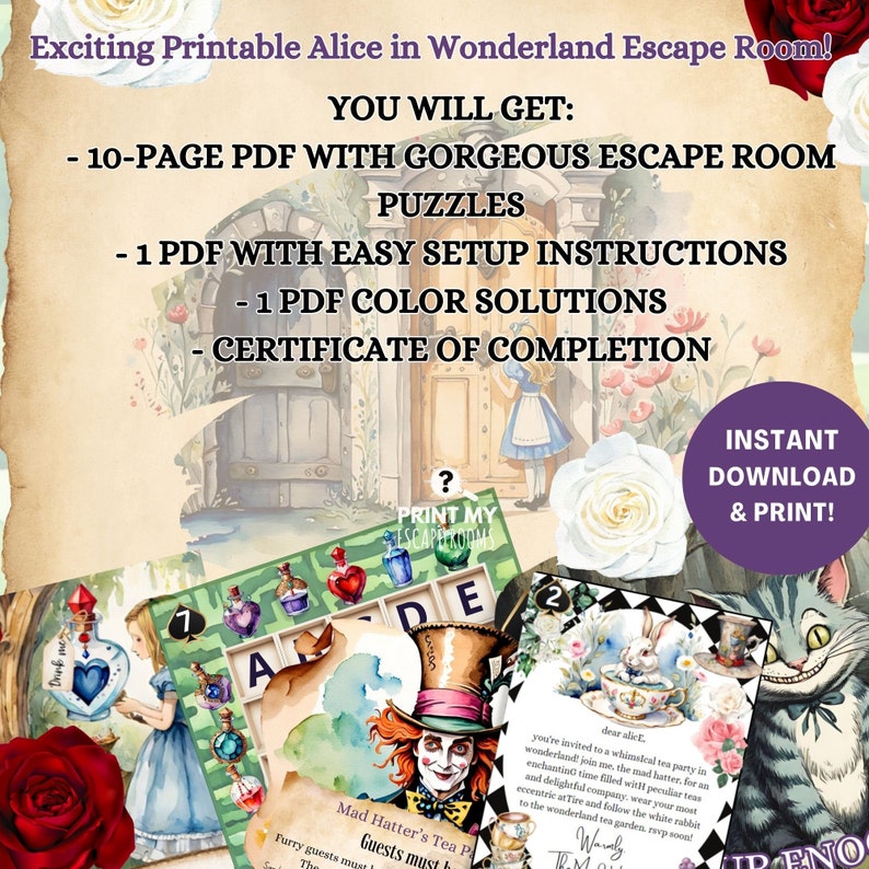 May include: Printable Alice in Wonderland escape room game with 10 pages of puzzles, setup instructions, color solutions, and a certificate of completion. The image shows a whimsical illustration of Alice in Wonderland characters.