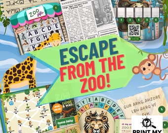May include: A colourful escape room game themed around a zoo. The game includes a map, a lock with a QR code, a newspaper article, a giraffe, a monkey, and a lion. The text "Escape from the Zoo!" is written in large, bold letters.