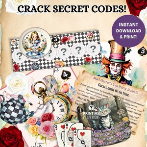 May include: Printable Mad Hatter's Tea Party game with a watercolor illustration of Alice in Wonderland characters. The game includes a code-breaking activity with playing cards and a clock. The text on the game board reads "Guests must be on time."