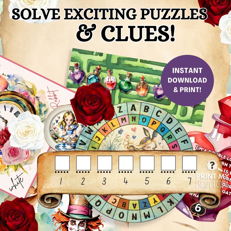 May include: Printable Alice in Wonderland themed escape room game with a red rose, a clock, a maze, and a potion bottle. The game includes a printable answer sheet with seven blank spaces and numbers 1 through 7.