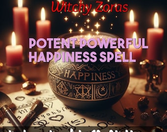 Op de afbeelding: Een zwarte ketel met het woord "Happiness" erop gegraveerd, omringd door brandende kaarsen en gouden kralen. De afbeelding bevat de tekst "Potent Powerful Happiness Spell" en "Picture Proof In 12-24 Hours".