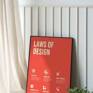 May include: A framed poster with a red background and black frame. The poster features the text "Laws of Design" in white letters. The poster also includes illustrations and text describing different design principles, such as Hick's Law, Miller's Law, and Parkinson's Law.