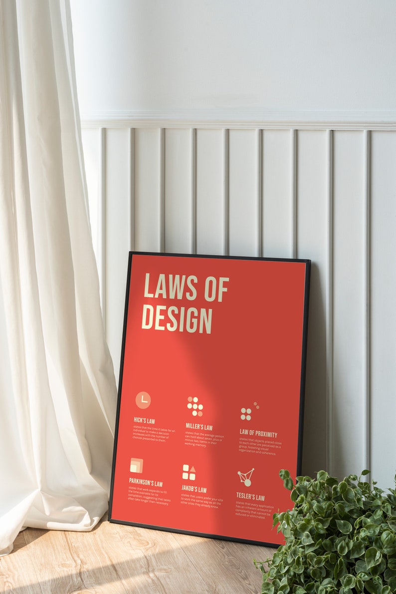 May include: A framed poster with a red background and black frame. The poster features the text "Laws of Design" in white letters. The poster also includes illustrations and text describing different design principles, such as Hick's Law, Miller's Law, and Parkinson's Law.