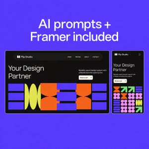 Plantilla web Flip Studio Framer + sugerencias de creación con IA / Agencia creativa / Licencia comercial