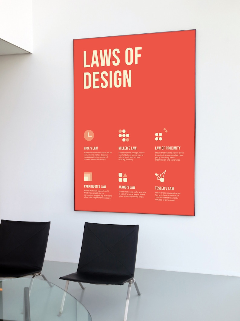 May include: A red poster with the title "Laws of Design" and illustrations of different design principles, including Hick's Law, Miller's Law, Law of Proximity, Parkinson's Law, Jakob's Law, and Tesler's Law.
