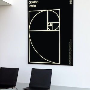 May include: A black and white poster with the text "Golden Ratio" and "1.618" on a white background. The poster features a geometric design of overlapping circles and squares.