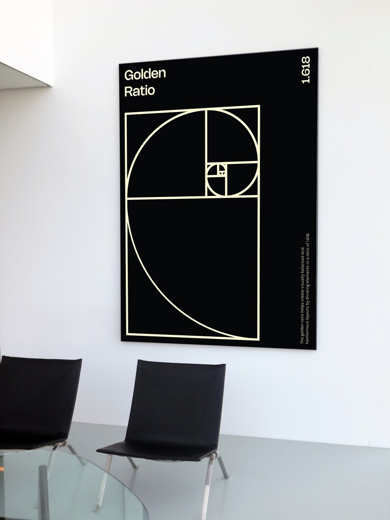 May include: A black and white poster with the text "Golden Ratio" and "1.618" on a white background. The poster features a geometric design of overlapping circles and squares.