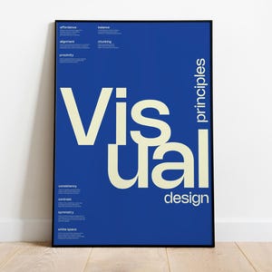 May include: A blue poster with the text "Visual design principles" in white. The word "Visual" is in large, bold, yellow letters.