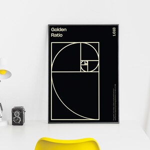 May include: A black and white poster with the text "Golden Ratio 1.618" and a geometric design of a spiral.