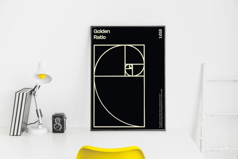 May include: A black and white poster with the text "Golden Ratio 1.618" and a geometric design of a spiral.