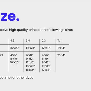 May include: A table showing different print sizes available for art prints. The table is divided into four columns: Art ratio, File Size, You can print at, and 11:14. The table shows the different sizes available for each art ratio, including 4:5, 3:4, 2:3, and 11:14. The text "Contact me for other sizes" is at the bottom of the table.