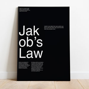 May include: A black and white poster with the text "Jakob's Law" and a description of the law, which states that users prefer your site to work the same way as all the other sites they already know.