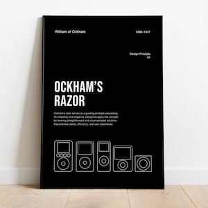 May include: Black and white poster with the text "OCKHAM'S RAZOR" and a quote about the design principle. The quote is attributed to William of Ockham (1285-1347). The poster also features a series of five white outlines of different sized rectangular devices.