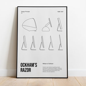 Puede incluir: Un póster en blanco y negro con un dibujo de línea de un monitor de computadora y el texto "OCKHAM'S RAZOR" y "William of Ockham". El póster también incluye el texto "Design Principle 01" y "1285-1347".