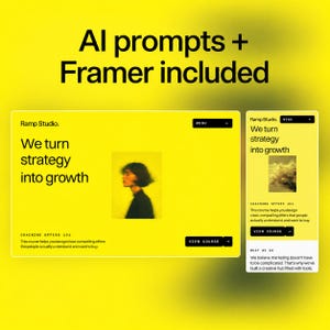 Może przedstawiać: Cyfrowy wyświetlacz z tekstem AI prompts + Framer included, prezentujący żółty interfejs strony internetowej Ramp Studio z nagłówkiem We turn strategy into growth, zdjęciem portretowym oraz przyciskiem View Course na komputer i telefon.