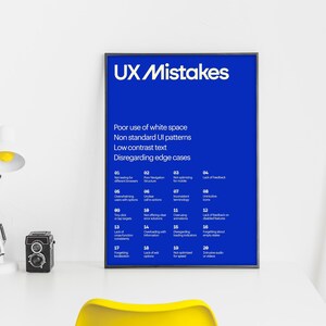 Op de afbeelding: Een blauwe poster met de tekst "UX Mistakes" in wit. De poster somt veelvoorkomende UX-fouten op, zoals slecht gebruik van witruimte, niet-standaard UI-patronen, tekst met laag contrast en het negeren van randgevallen.