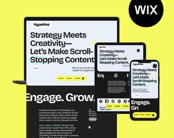 May include: A website screenshot showing a black and white design with the text "HypeHive" and "Strategy Meets Creativity - Let's Make Scroll-Stopping Content." The website is promoting social media marketing services. The text "Engage. Grow." is also visible.