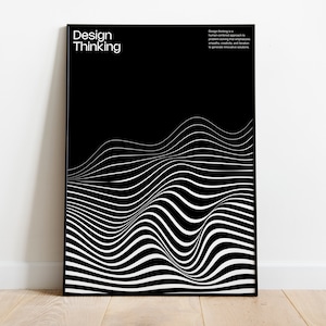 May include: Black and white poster with the text "Design Thinking" and a graphic of wavy lines. The text "Design thinking is a human-centered approach to problem solving that emphasizes empathy, creativity, and iteration to generate innovative solutions." is also included.