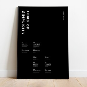 May include: A black and white poster with the title "Laws of Simplicity" by John Maeda. The poster lists ten laws of simplicity, including "Reduce", "Organize", "Context", "Emotion", "Time", "Trust", "Learn", "Failure", "Differences", and "The One".