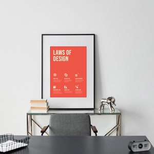 May include: A framed poster with a red background and white text that reads "Laws of Design". The poster is hanging on a white wall above a desk with a black surface. There are books, a silver elephant figurine, and a black alarm clock on the desk.