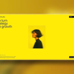 May include: A digital interface for Ramp Studio featuring a bright yellow background with black text that reads We turn strategy into growth. A central rectangular image shows a person in profile with a motion blur effect. A menu button and a view course button are visible.