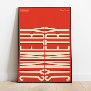 May include: A red poster with the word "Symmetry" written in white letters. The text is repeated twice, once vertically and once horizontally, creating a symmetrical design. The poster is titled "Gestalt Principles".